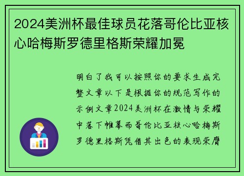 2024美洲杯最佳球员花落哥伦比亚核心哈梅斯罗德里格斯荣耀加冕